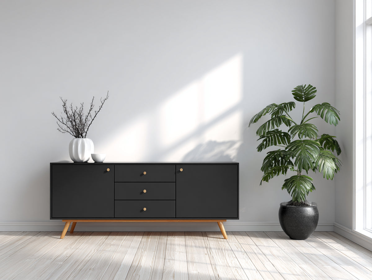 Dielenschrank mit 2 Türen und 3 Schubladen 180x42x78 cm - Schwarz-Holz - moderner Stauraumschrank für den Flur
