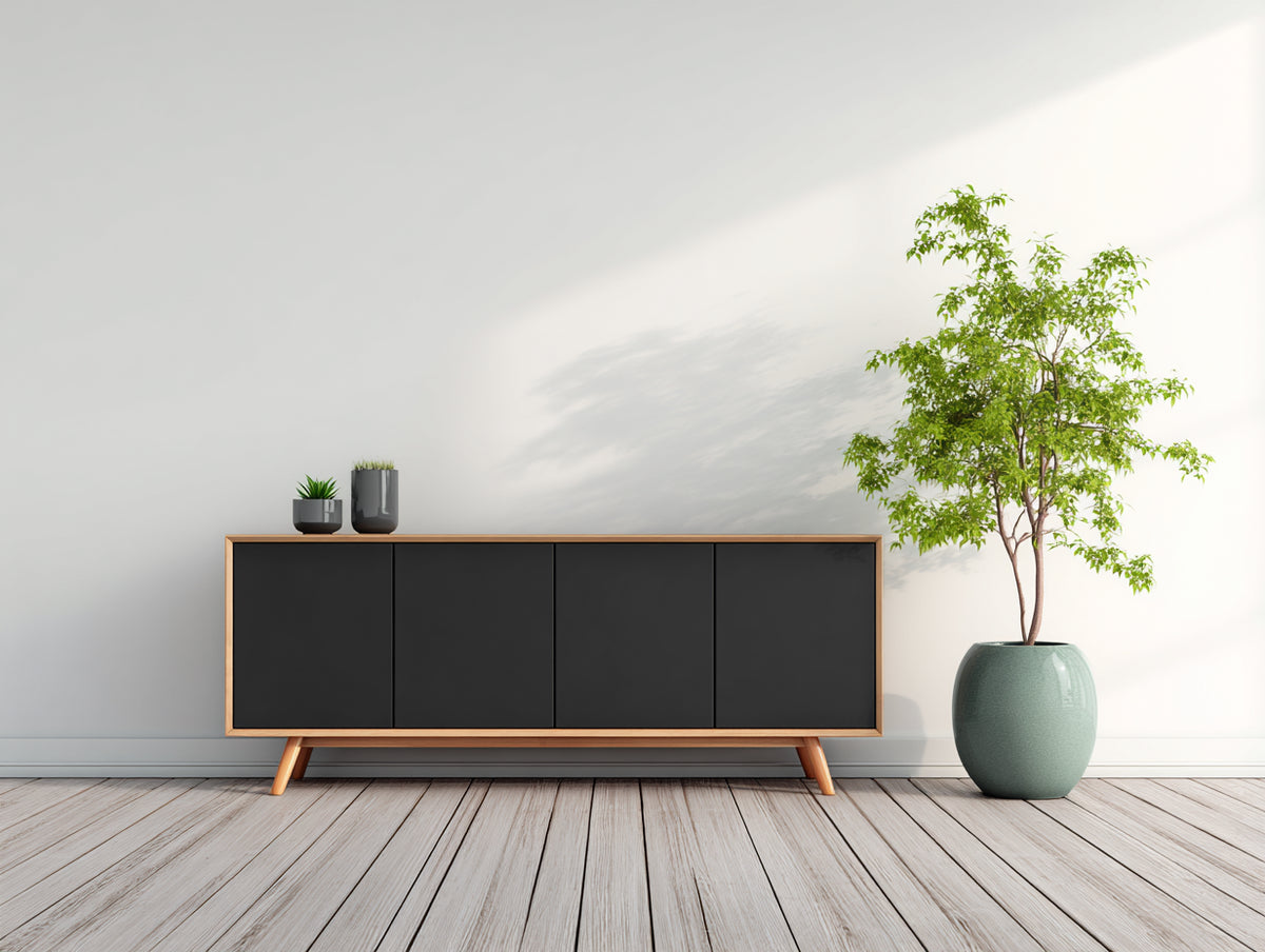 Dielenschrank Holz 160x40x75 cm - Schwarz-Natur - 4 Türen modernes Design