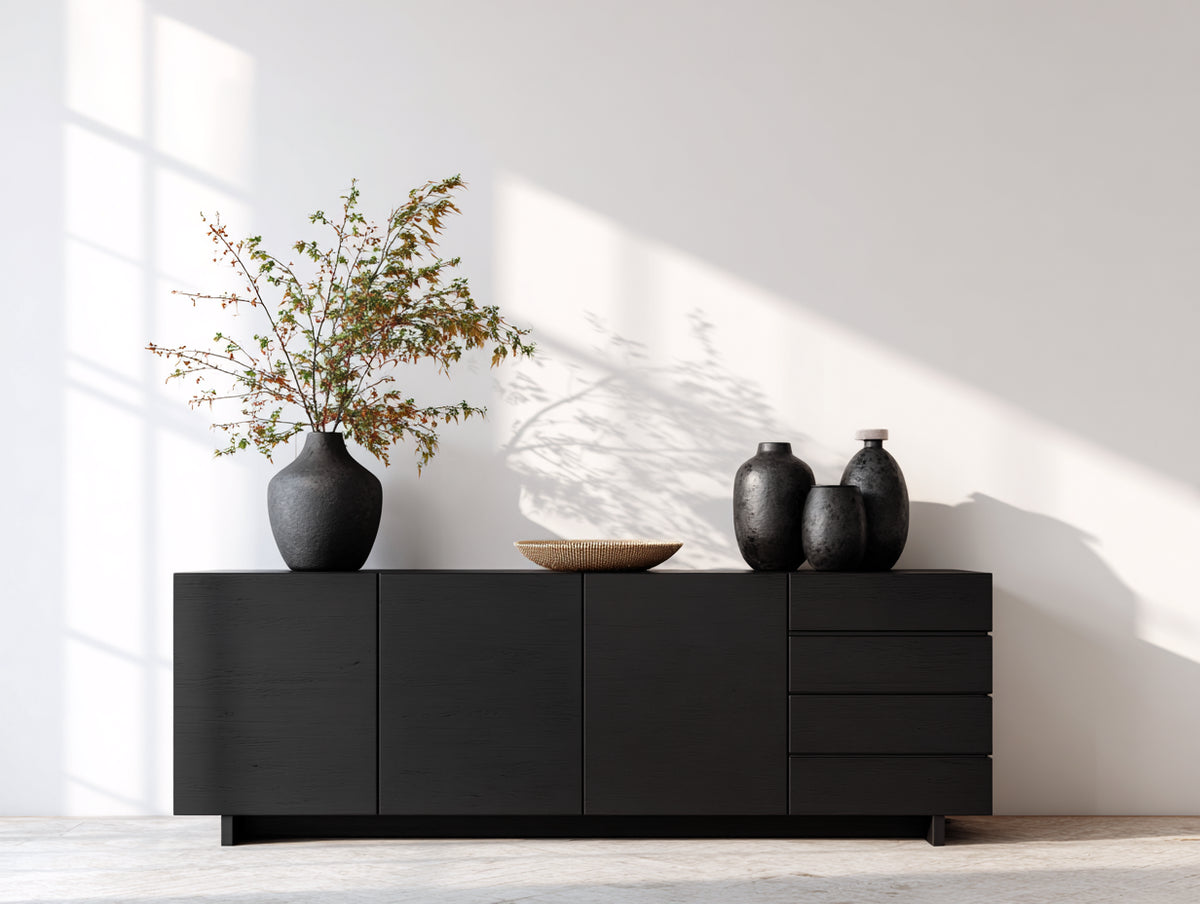 Dielenschrank Holz 180x42x80 cm - Schwarz - 3 Türen und 4 Schubladen - modernes Design