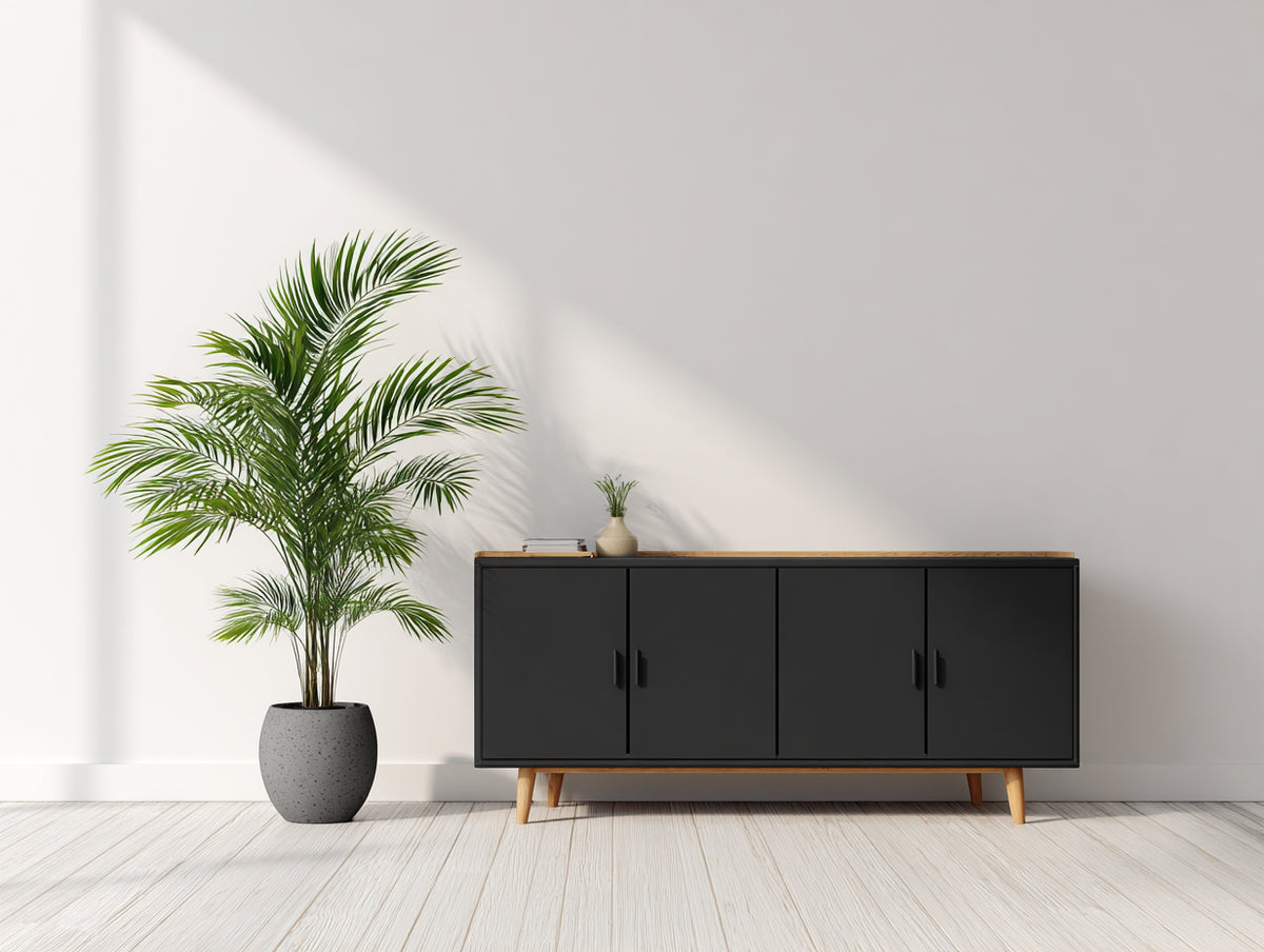 Dielenschrank Holz 180x40x75 cm - Schwarz-Natur - 4 Türen modernes Design