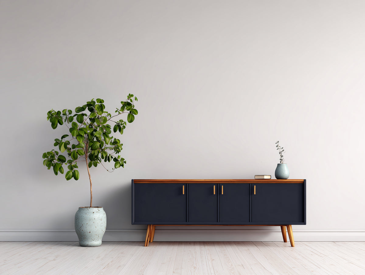 Dielenschrank Holz 180x40x75 cm - Dunkelblau-Natur - 4 Türen modernes Design